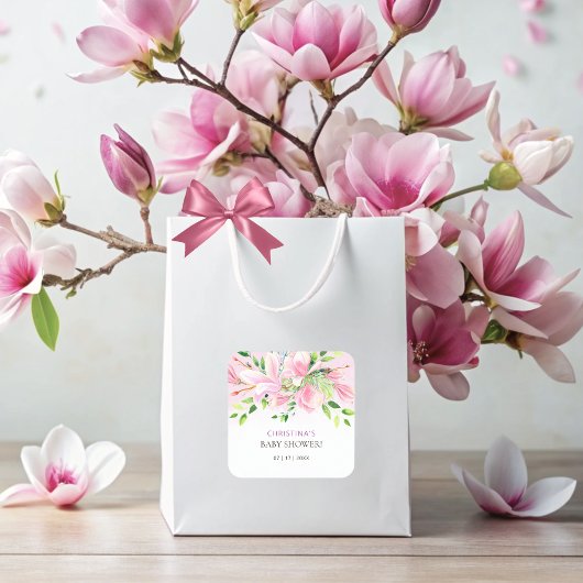 ピンクエレガントマグノリア水彩赤ちゃんシャワー スクエアシール