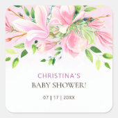 ピンクエレガントマグノリア水彩赤ちゃんシャワー スクエアシール (正面)