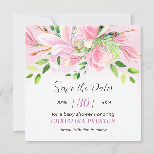 ピンクエレガントマグノリア水彩赤ちゃんシャワー セーブザデート (正面)
