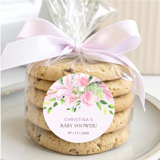 ピンクエレガントマグノリア水彩赤ちゃんシャワー ラウンドシール