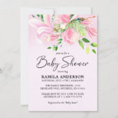 ピンクエレガントマグノリア水彩赤ちゃんシャワー 招待状 (正面)