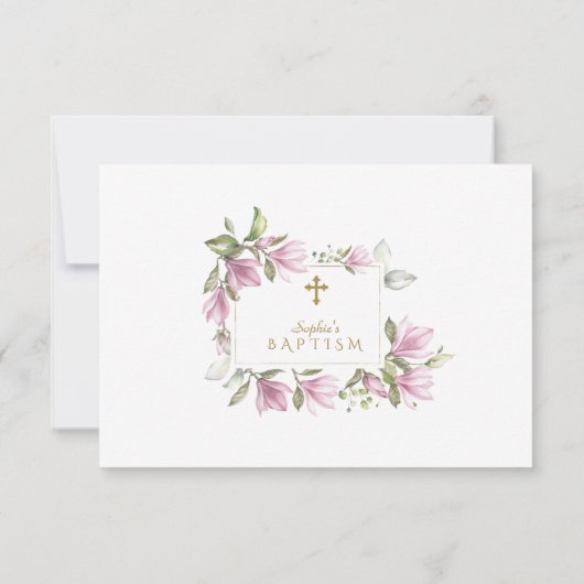 ピンクエレガントマグノリア花リース金ゴールドバプテスマ サンキューカード (裏面)