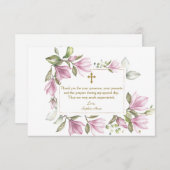 ピンクエレガントマグノリア花リース金ゴールドバプテスマ サンキューカード (正面/裏面)