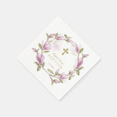 ピンクエレガントマグノリア花リース金ゴールドバプテスマ スタンダードカクテルナプキン (角)