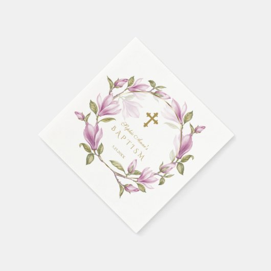 ピンクエレガントマグノリア花リース金ゴールドバプテスマ スタンダードカクテルナプキン (角)