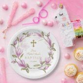 ピンクエレガントマグノリア花リース金ゴールドバプテスマ ペーパープレート (パーティー)