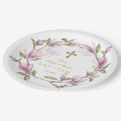 ピンクエレガントマグノリア花リース金ゴールドバプテスマ ペーパープレート (アングル)