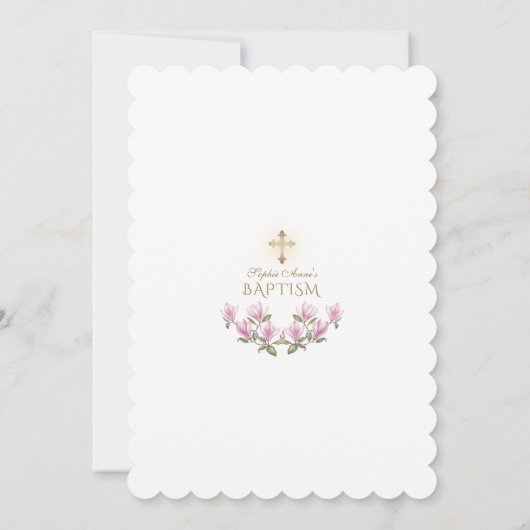 ピンクエレガントマグノリア花リース金ゴールドバプテスマ 招待状 (裏面)