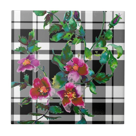 ピンクエレガントマゼンタ色バラプレイド タイル (正面)