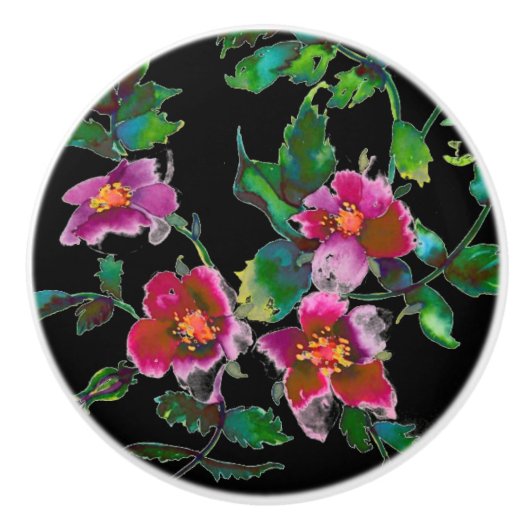 ピンクエレガントマゼンタ色フローラバラ セラミックノブ (正面)