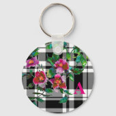 ピンクエレガントマゼンタ色花模様バラ キーホルダー (正面)