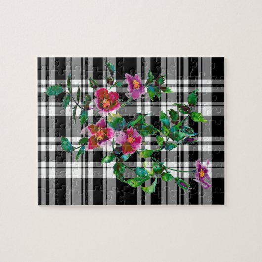 ピンクエレガントマゼンタ色花模様バラ ジグソーパズル (横)