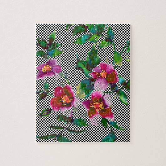 ピンクエレガントマゼンタ色花模様バラ ジグソーパズル (縦)