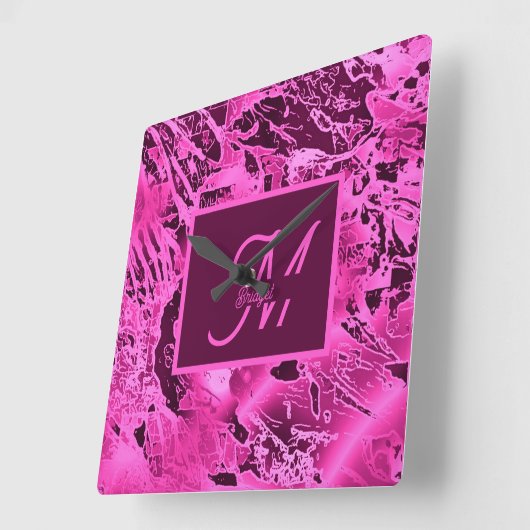 ピンクエレガントマーブルモノグラはっきりしたムタイポグラフィ スクエア壁時計 (傾斜)