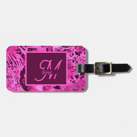 ピンクエレガントマーブルモノグラはっきりしたムタイポグラフィ ラゲッジタグ (正面横)