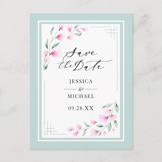 ピンクエレガントミント水カラーフローラ保存日付 インビテーションポストカード (正面)