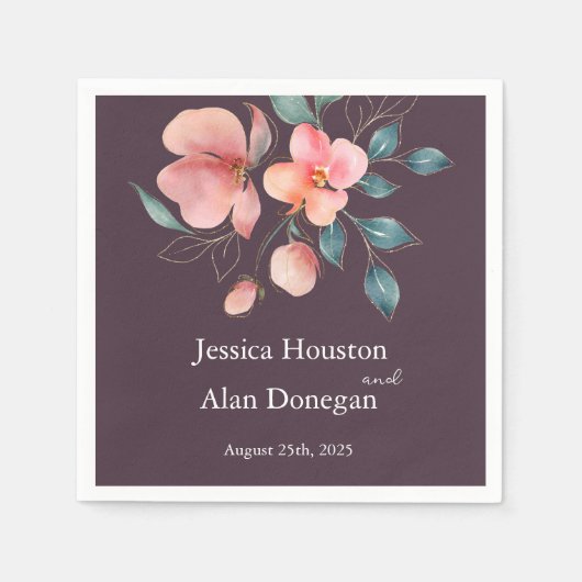 ピンクエレガントモダンと金ゴールドのフローラ結婚の スタンダードカクテルナプキン (正面)