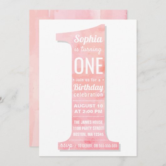 ピンクエレガントモダンウォーター色ガールファースト誕生日 招待状 (正面/裏面)