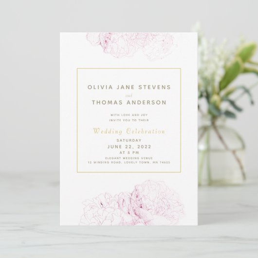 ピンクエレガントモダンクラシック結婚金ゴールド 招待状 (スタンド正面)