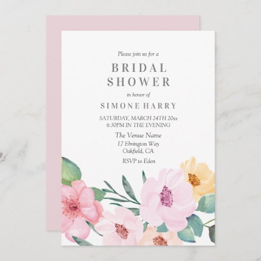 ピンクエレガントモダンフローラブライダルシャワー 招待状 (正面/裏面)