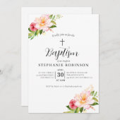 ピンクエレガントモダンフローラ洗礼 招待状 (正面/裏面)