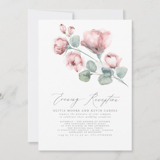 ピンクエレガントモダンローズフローラ夕べ披露宴 招待状 (正面)