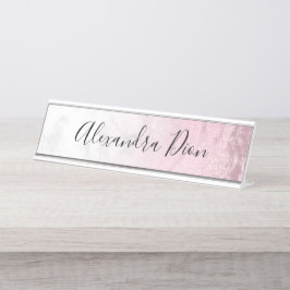 ピンクエレガントモダンローズ金ゴールドグリッター大理石 デスクネームプレート