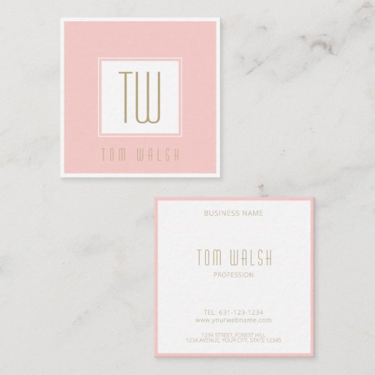 ピンクエレガントモノグラムの金ゴールドカード スクエア名刺 (正面/裏面)