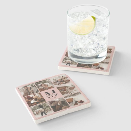 ピンクエレガントモノグラムイニシャルファミリー名&写真 ストーンコースター (横)