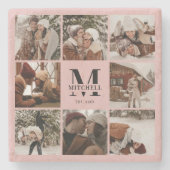 ピンクエレガントモノグラムイニシャルファミリー名&写真 ストーンコースター (正面)