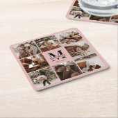 ピンクエレガントモノグラムイニシャル名写真 スクエアペーパーコースター (アングル)