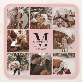 ピンクエレガントモノグラムイニシャル名写真 スクエアペーパーコースター