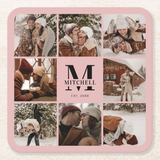 ピンクエレガントモノグラムイニシャル名写真 スクエアペーパーコースター (正面)