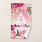 ピンクエレガントモノグラムグリッターフローラデザイン バスタオルセット (ハンドタオル)