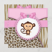 ピンクエレガントモンキーベビーガールシャワー 招待状 (正面/裏面)