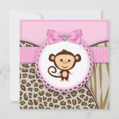 ピンクエレガントモンキーベビーガールシャワー 招待状 (正面)