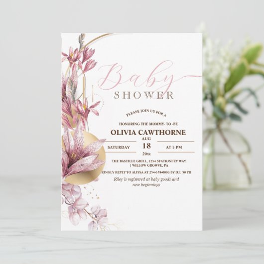 ピンクエレガントライリーガーリー赤ちゃんシャワーパーティー 招待状 (スタンド正面)