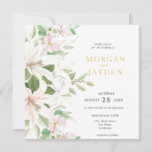 ピンクエレガントライリ |アイボリーバラ結婚フローラのInvi 招待状 (正面)