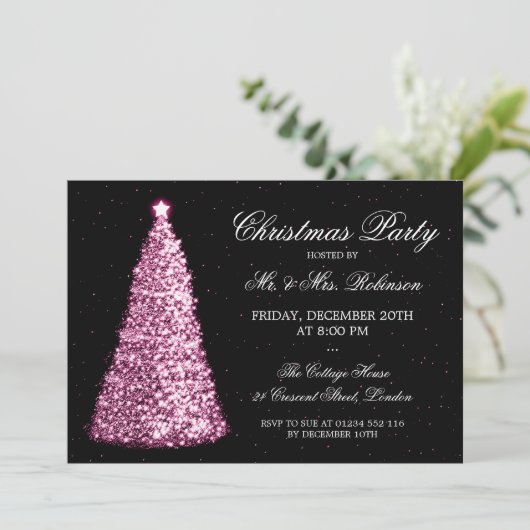 ピンクエレガントリスマスツリーホリデーパーティー 招待状 (スタンド正面)