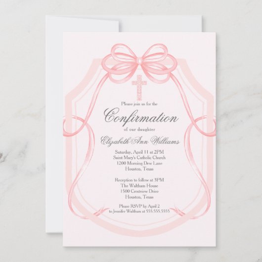 ピンクエレガントリボン弓ガールの確認 招待状 (正面)