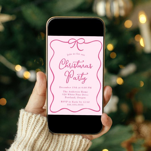 ピンクエレガントリボン弓クリスマスパーティー 招待状