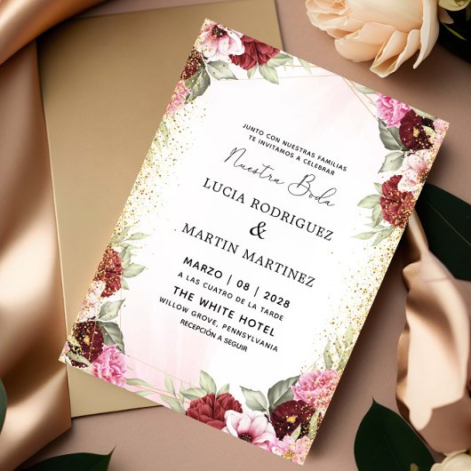 ピンクエレガントレッドフローラ金ゴールドスペインのヌエストラBoda 招待状