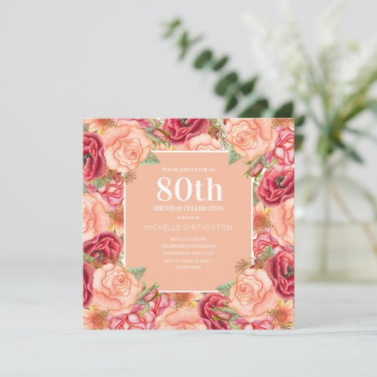 ピンクエレガントレッドフローラ80thバースデーパーティー女性 招待状 (スタンド正面)