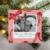 ピンクエレガントレッドボウフォトホリデー セラミックオーナメント