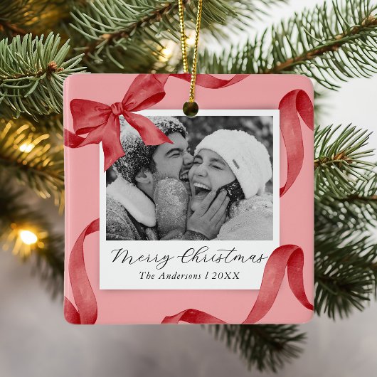 ピンクエレガントレッドボウフォトホリデー セラミックオーナメント