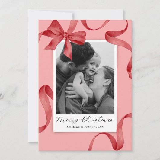 ピンクエレガントレッドボウ写真クリスマス シーズンカード (正面)
