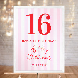 ピンクエレガントレッド16モダン番誕生日看板ポスター ポスター