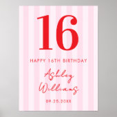 ピンクエレガントレッド16モダン番誕生日看板ポスター ポスター (正面)