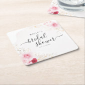 ピンクエレガントレッド&金ゴールドフローラブライダルシャワー スクエアペーパーコースター (アングル)