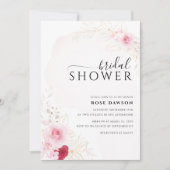ピンクエレガントレッド&金ゴールドフローラブライダルシャワー 招待状 (正面)